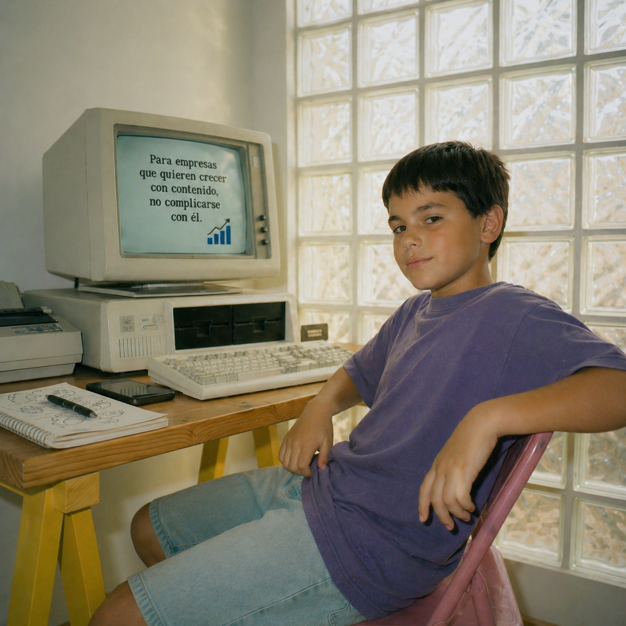 Nino sentado frente a un ordenador retro