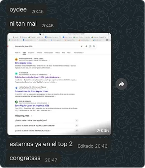 Conversación de WhatsApp con resultados